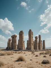 Ancient megaliths stand majestically in a barren landscape under the sky.