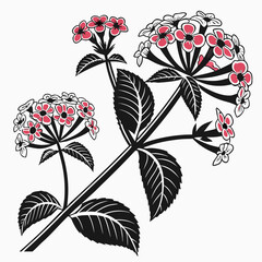 Stylized Pink Flowers and Leaves Botanical Illustration.
