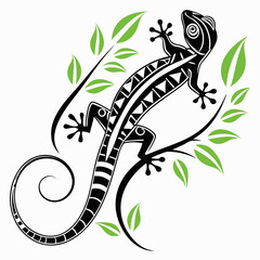 Stylized Tribal Gecko Lizard on Branch with Leaves.