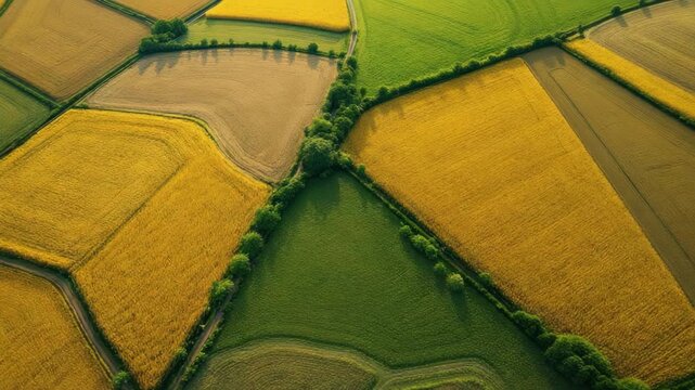 Autumnal equinox aerial view golden and green patchwork fields reflecting natures seasonal transition and harvest abundance