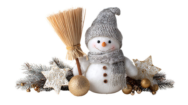 Cute snowman decoration with broom and stars isolated on transparent background - Powered by Adobe