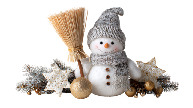 Cute snowman decoration with broom and stars isolated on transparent background