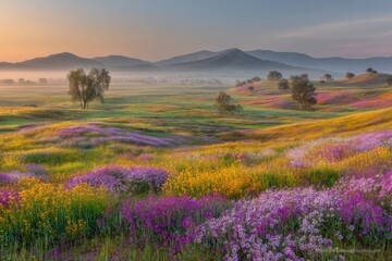 Fototapeta premium Colorful wildflowers blanket rolling hills at sunrise, with misty mountains and scattered trees in the background under a calm sky