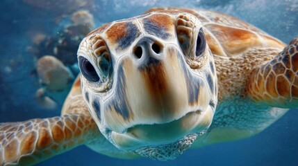 Fototapeta premium Green turtle swimming gracefully underwater near coral reef during daylight hours