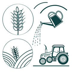 Agricultural icons representing growth irrigation and farming with a tractor