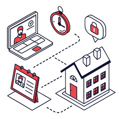 Remote work and home security concept with laptop calendar clock and house