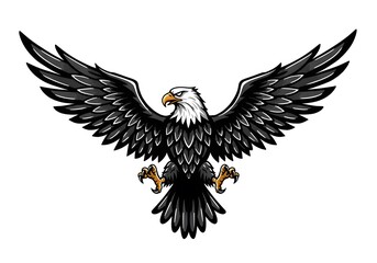 Stylized Black and White Eagle Illustration with Outstretched Wings in Dynamic Pose