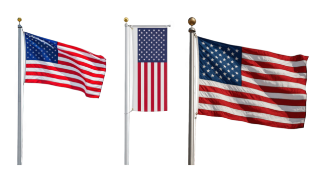American flag set including horizontal, vertical, and waving forms isolated. Patriotic symbols and national emblems.