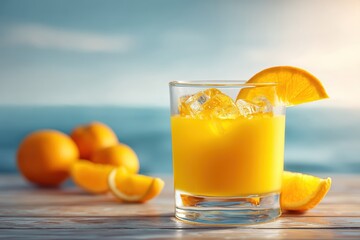 A refreshing glass of orange juice with ice and orange slices on a wooden table by the seaside in bright sunlight