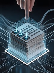 Finger pointing at digital document stack with check marks on dark background