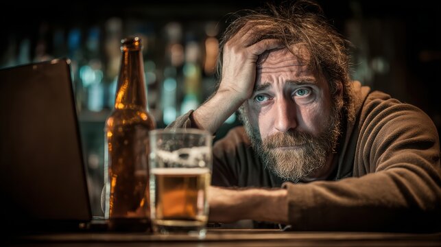 A tired man sits at a bar with a beer, looking stressed and weary, resting his head on his hand next to a laptop