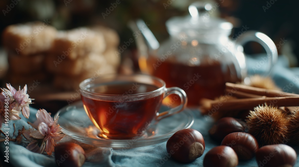 Poster warm tea served with spices and chestnuts on a cozy table setting for a relaxing afternoon