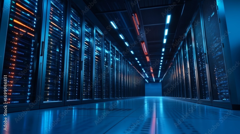 Aufkleber futuristic server corridor with endless rows of storage and advanced digital processing warehouse