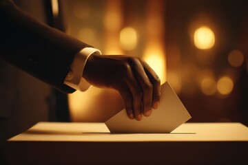 A person in formal attire casts a ballot into a voting box, symbolizing participation in an election amid warm, glowing lights