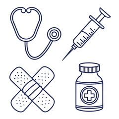 Medical icons set featuring stethoscope syringe bandages and medicine bottle
