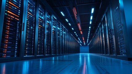 Futuristic Server Corridor with Endless Rows of Storage and Advanced Digital Processing Warehouse