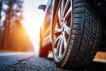 A close-up of a car tire on an asphalt road at sunrise, highlighting tread details and the journey ahead