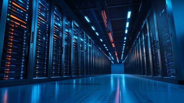 Futuristic Server Corridor with Endless Rows of Storage and Advanced Digital Processing Warehouse