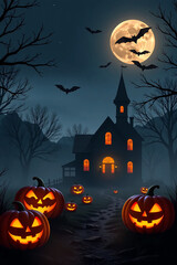 Fototapeta premium Spooky Halloween Background with Haunted House, Jack-o’-Lanterns, and Flying Bats