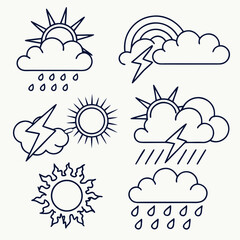 Collection of weather icons including sun clouds rain lightning and rainbow