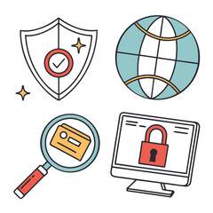 Digital security and protection icons including shield globe magnifying glass and computer with padlock