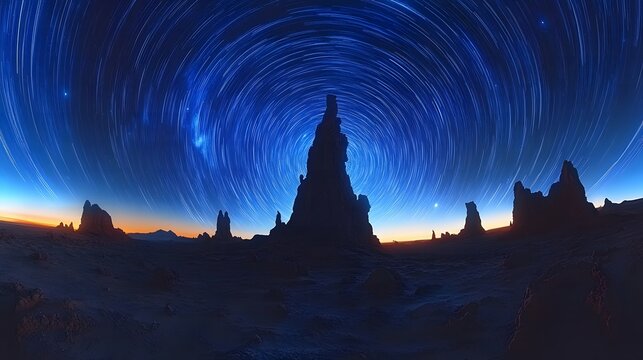 Star trails in a dark blue night sky over silhouetted rock formations in a desert landscape