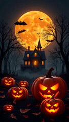 Spooky Halloween Background with Haunted House, Jack-o’-Lanterns, and Flying Bats
