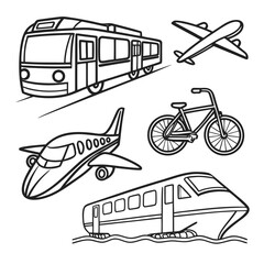 Collection of black and white transportation icons including trains airplanes and bicycle