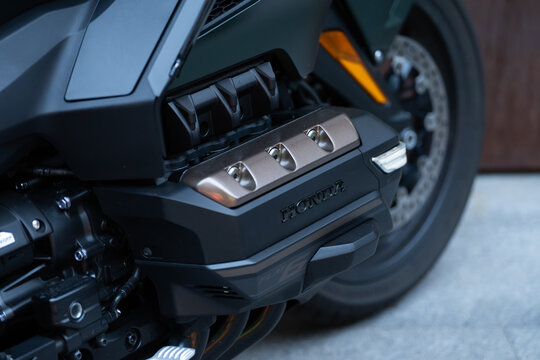 Bucharest Romania 12 September. Honda Goldwing touring motorcycle parked outdoors. Luxury cruiser bike with large windshield, comfortable leather seats, saddlebags, and chrome details.