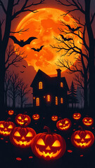 Spooky Halloween Background with Haunted House, Jack-o’-Lanterns, and Flying Bats