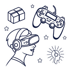 Person wearing vr headset with game controller and gift box