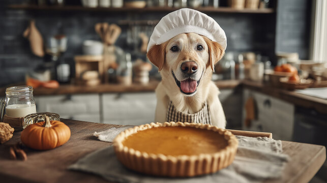 Cute dog in the kitchen with pumpkin pie in front of him
