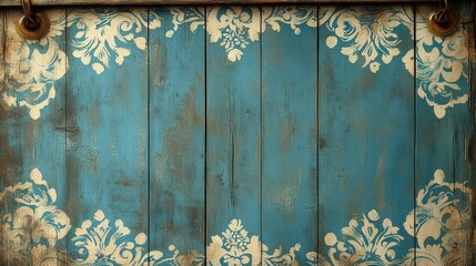 Rustic blue wooden sign with vintage damask pattern border.