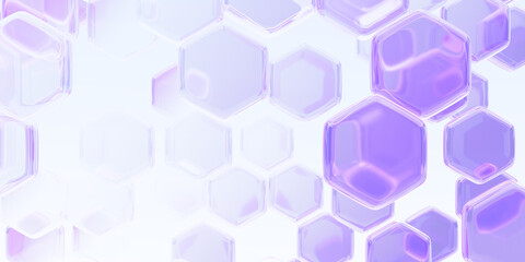 Purple glass hexagon pattern. Abstract geometric 3d background with crystal light holographic polygon shapes. Futuristic sci fi hex game shield. Digital tech bg with honeycomb cells. 3D illustration