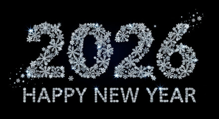 Silver snowflake-patterned 2026 with happy new year text and sparkling effects on a black background