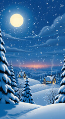 Winter night landscape with snow covered houses and trees illustration