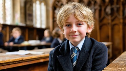 A young boy in a school uniform sits at a wooden desk in a classic classroom, smiling confidently at the camera