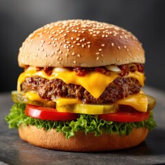 Juicy cheeseburger with lettuce, tomato, pickles, melted cheese, and a sesame seed bun on a dark background