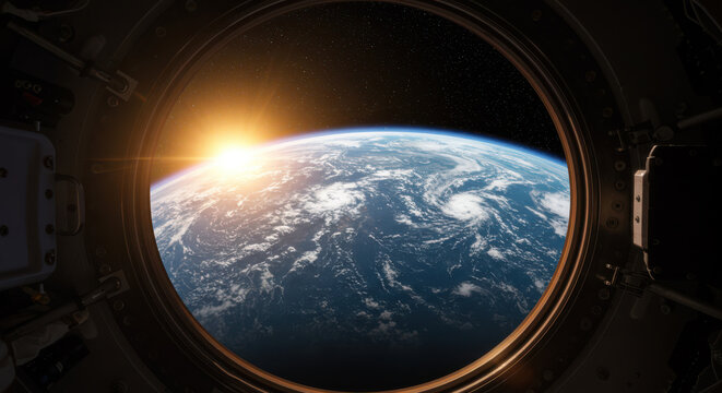 Fototapeta Sunrise over earth seen from space through an orbital window