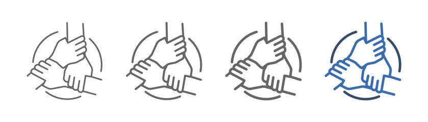 
outline icon set united with three hands holding each other tightly
