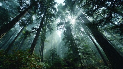 Obraz premium Sunlight streams through towering trees in a dense forest, creating a mystical, ethereal scene