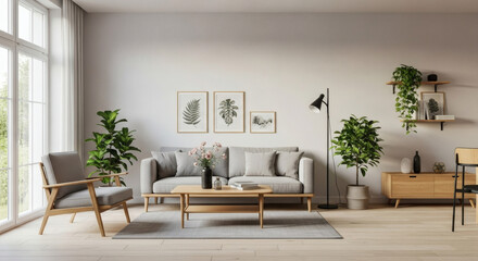 Fototapeta premium Modern minimalist living room, Scandinavian design, daylight, plants and wooden furniture