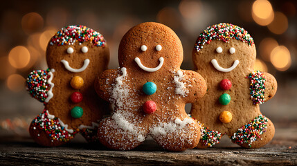 Obraz premium Three Smiling Gingerbread Cookies Decorated with Icig and Colorful Sugar in a estive Arrangement