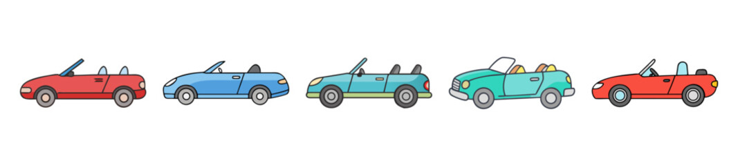 Cartoon vector image depicting a row of colorful convertible cars