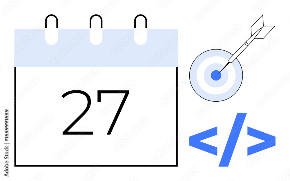 Poster calendar with highlighted date, dartboard with bullseye, and coding brackets. ideal for planning, de