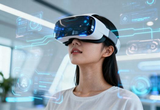 Young Asian woman using virtual reality headset in modern tech office with futuristic holographic interface for immersive digital experience and innovation exploration