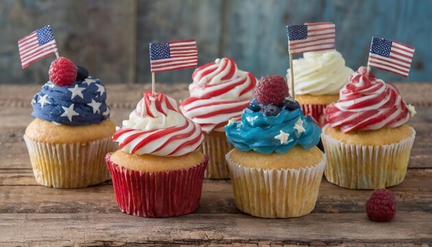Festive Cupcakes with Red, White, and Blue Frosting for Celebrations - Powered by Adobe