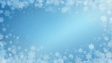 Minimalistic winter scene with delicate snowflakes, frosted glass effect and soft blue gradient background, glowing bokeh lights and elegant empty space for headline text