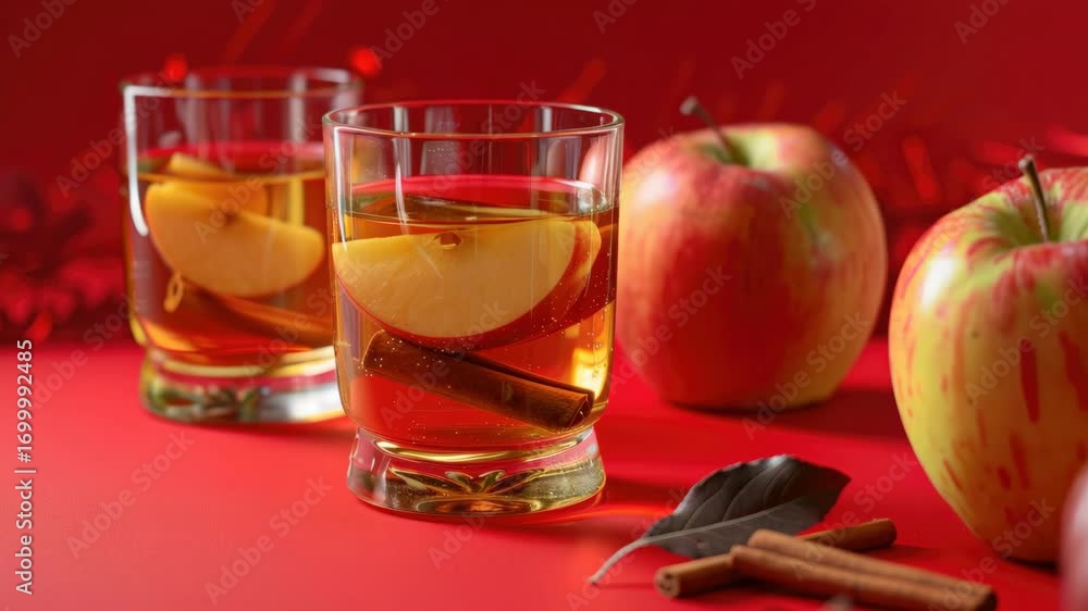 Poster two glasses of apple cider with cinnamon on the table. there are two apples on the table as well