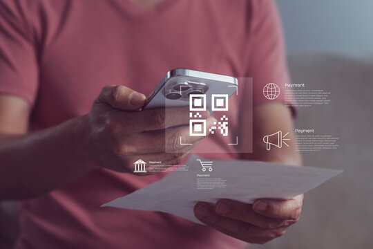 Scanning QR code with smartphone for digital payment, showing contactless mobile transaction interface and representing smart banking and financial technology